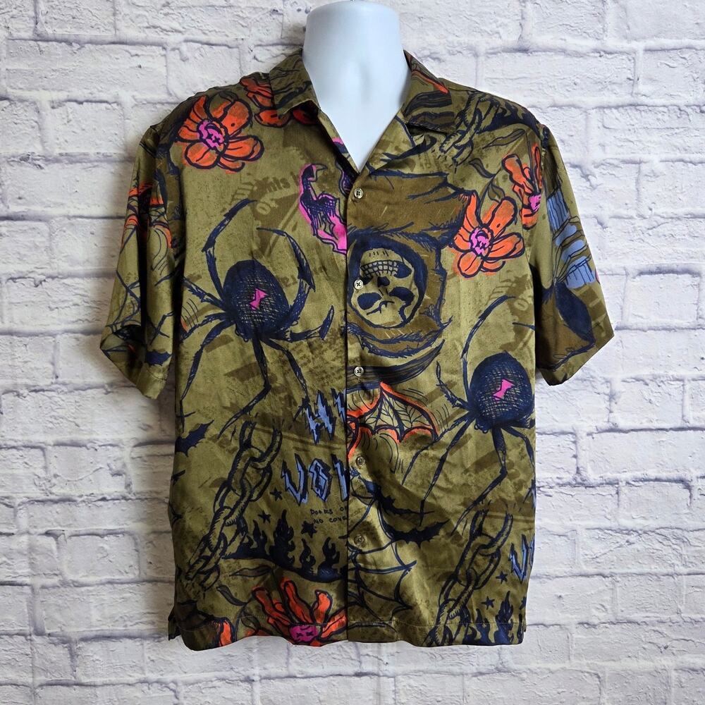Urban Outfitters Medium Olive Green Satin Camp Shirt Spider/Skull Doodle Print